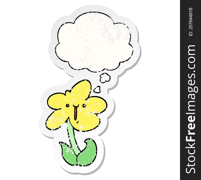 Cartoon Flower And Thought Bubble As A Distressed Worn Sticker