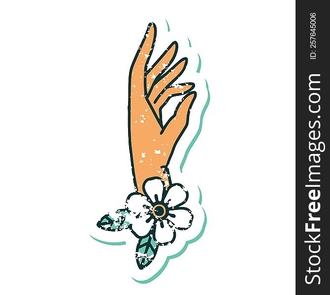 iconic distressed sticker tattoo style image of a hand and flower. iconic distressed sticker tattoo style image of a hand and flower