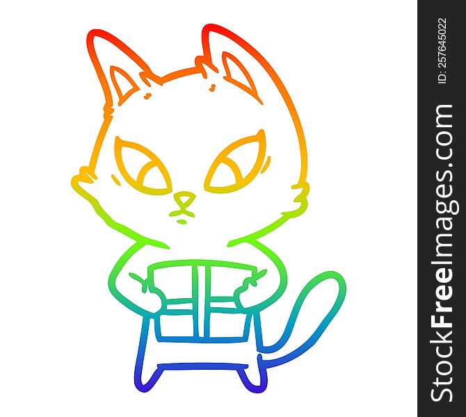 rainbow gradient line drawing confused cartoon cat with gift