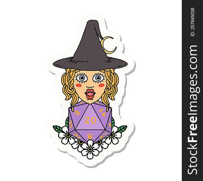 Human Witch With Natural Twenty Dice Roll Sticker