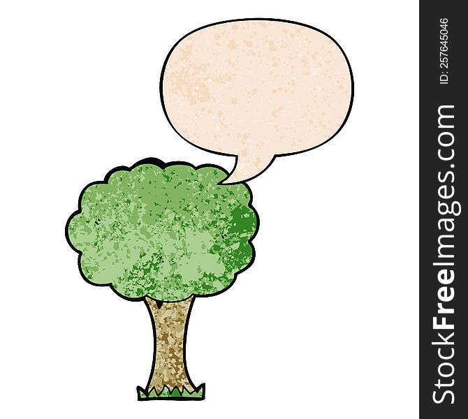 cartoon tree with speech bubble in retro texture style