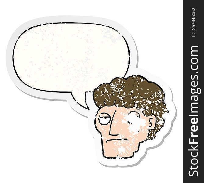 Cartoon Bored Man And Speech Bubble Distressed Sticker