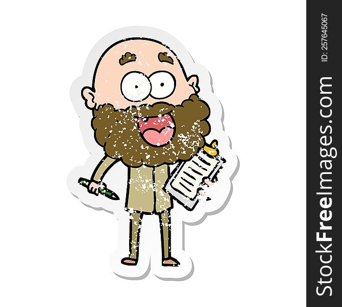 Distressed Sticker Of A Cartoon Crazy Happy Man With Beard And Clip Board For Notes