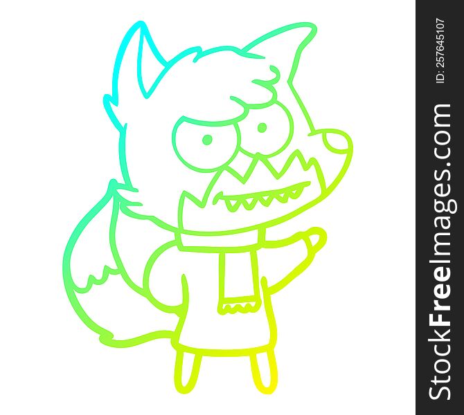 cold gradient line drawing of a cartoon grinning fox in winter clothes