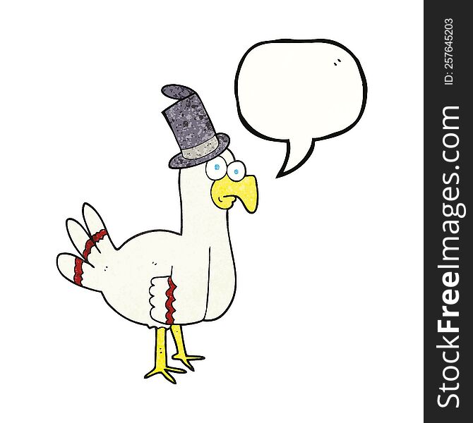 freehand speech bubble textured cartoon bird wearing top hat