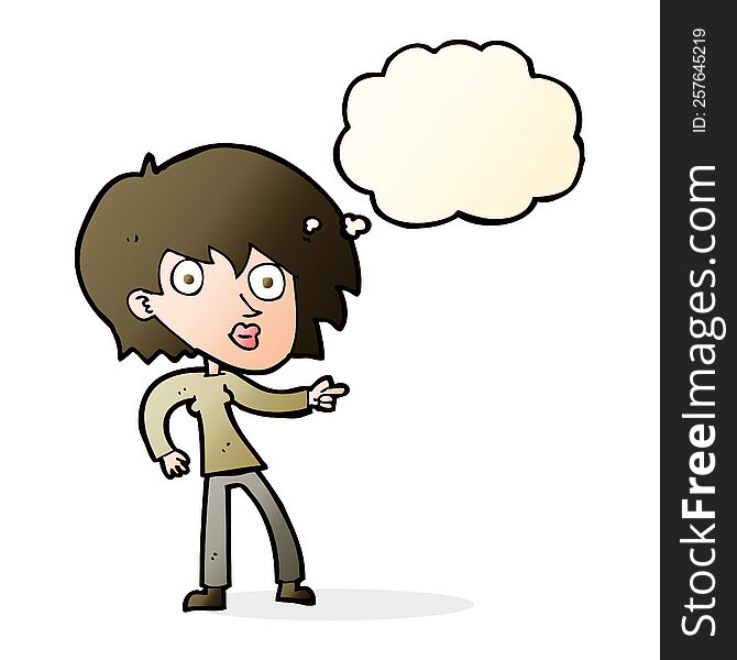 cartoon surprised woman pointing with thought bubble