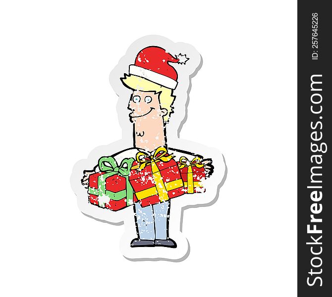 Retro Distressed Sticker Of A Cartoon Man With Gifts