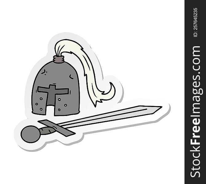 hand drawn sticker cartoon doodle of a medieval helmet and sword