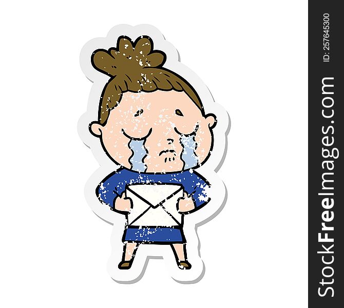 distressed sticker of a cartoon crying woman with letter