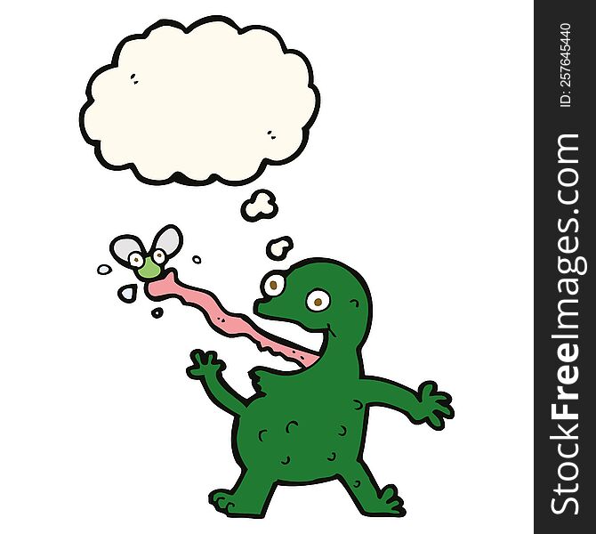 cartoon frog catching fly with thought bubble