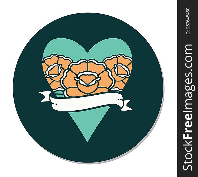 sticker of tattoo in traditional style of a heart and banner with flowers. sticker of tattoo in traditional style of a heart and banner with flowers