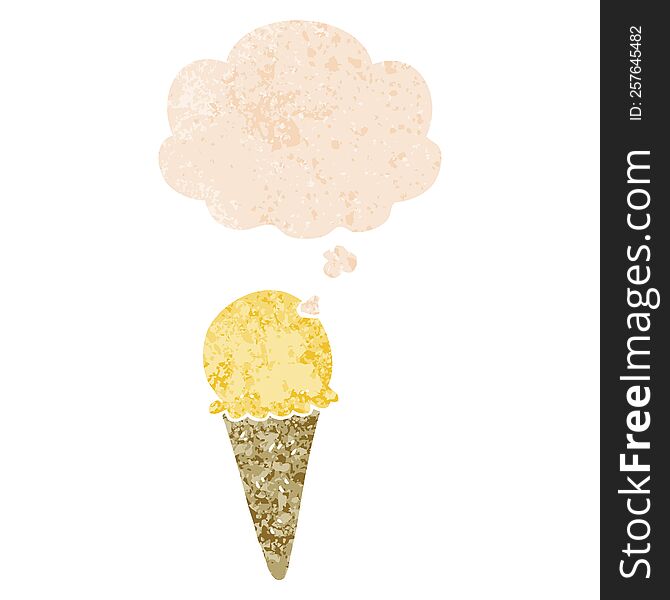 Cartoon Ice Cream And Thought Bubble In Retro Textured Style