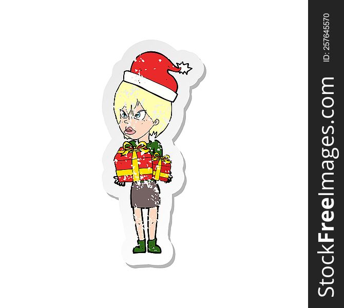 retro distressed sticker of a cartoon woman with present