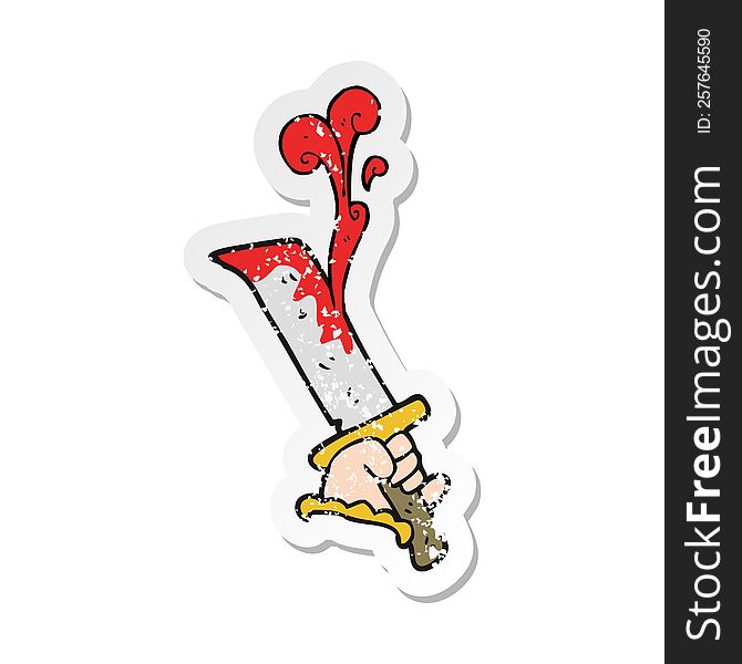 retro distressed sticker of a cartoon hand with bloody dagger