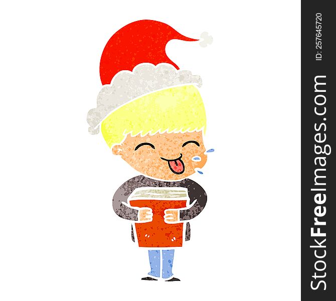hand drawn retro cartoon of a boy wearing santa hat