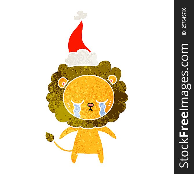 Crying Retro Cartoon Of A Lion Wearing Santa Hat