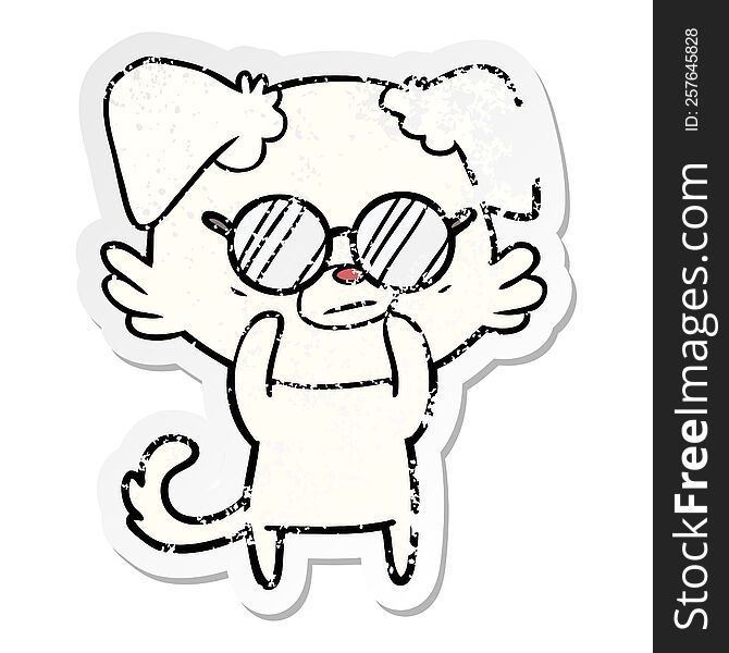distressed sticker of a dog wearing spectacles cartoon