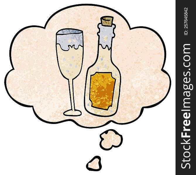 cartoon champagne bottle and glass and thought bubble in grunge texture pattern style