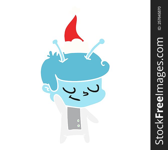 friendly hand drawn flat color illustration of a spaceman wearing santa hat