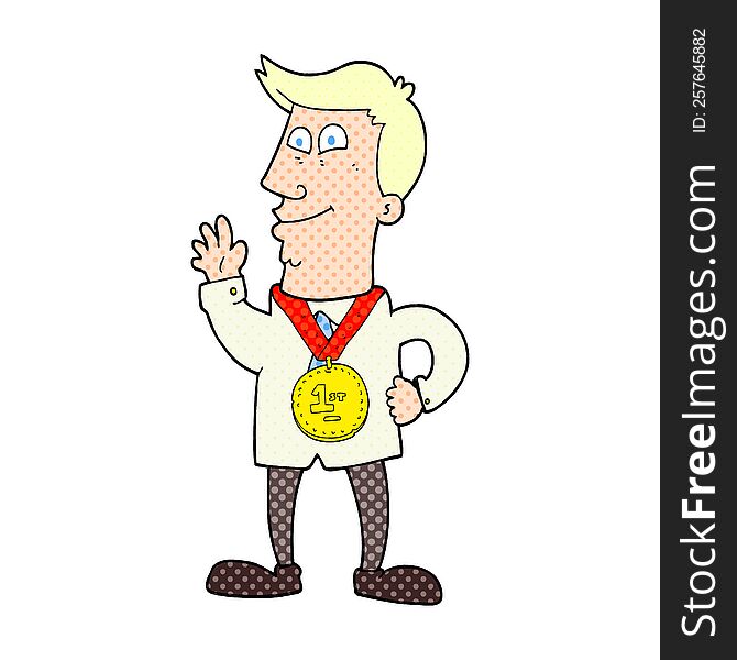 freehand drawn cartoon waving man with award