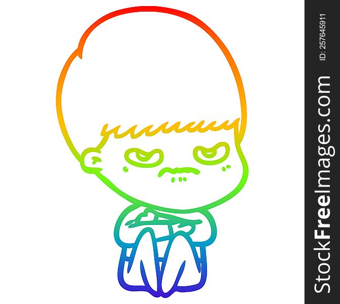 rainbow gradient line drawing of a cartoon angry boy sitting