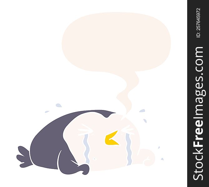 Cartoon Crying Penguin And Speech Bubble In Retro Style