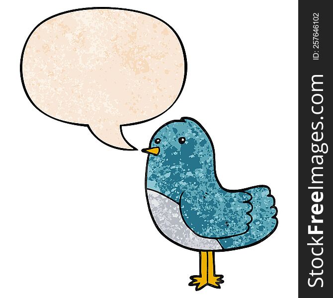 cartoon bird with speech bubble in retro texture style