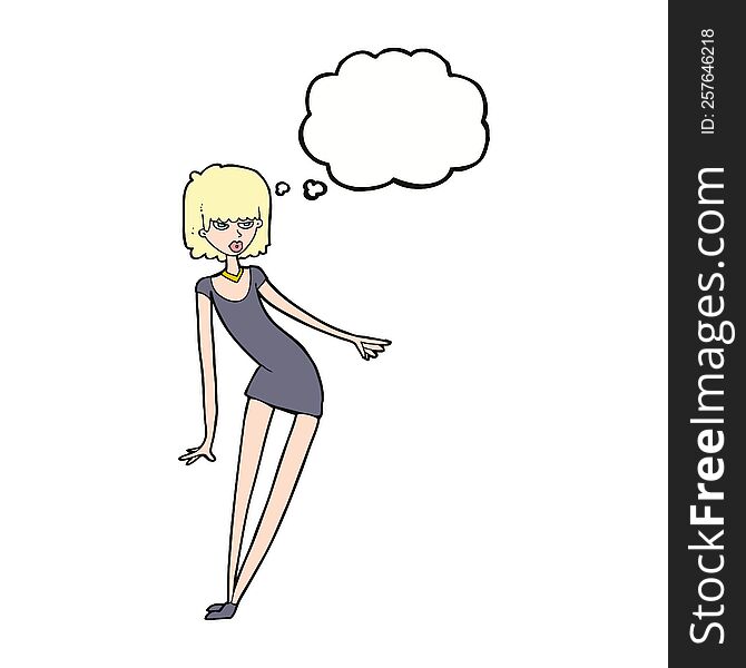 cartoon woman in dress leaning with thought bubble