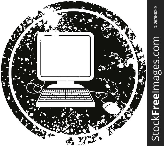 computer with mouse and screen circular distressed symbol. computer with mouse and screen circular distressed symbol