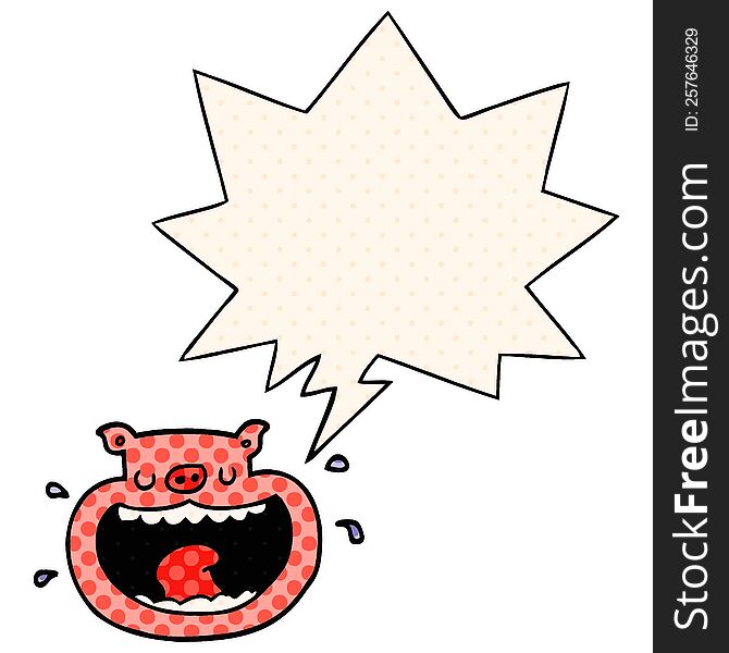 cartoon obnoxious pig with speech bubble in comic book style