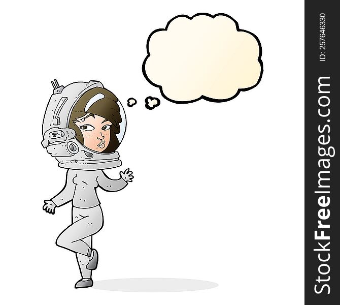 cartoon woman wearing space helmet with thought bubble