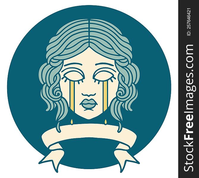 Icon With Banner Of Female Face Crying