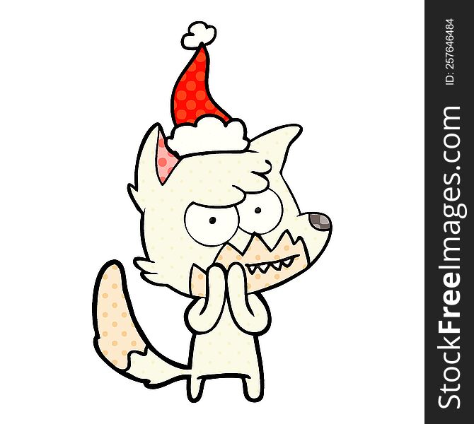 hand drawn comic book style illustration of a grinning fox wearing santa hat