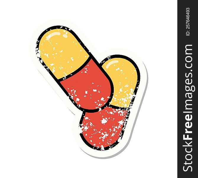 Traditional Distressed Sticker Tattoo Of A Pills