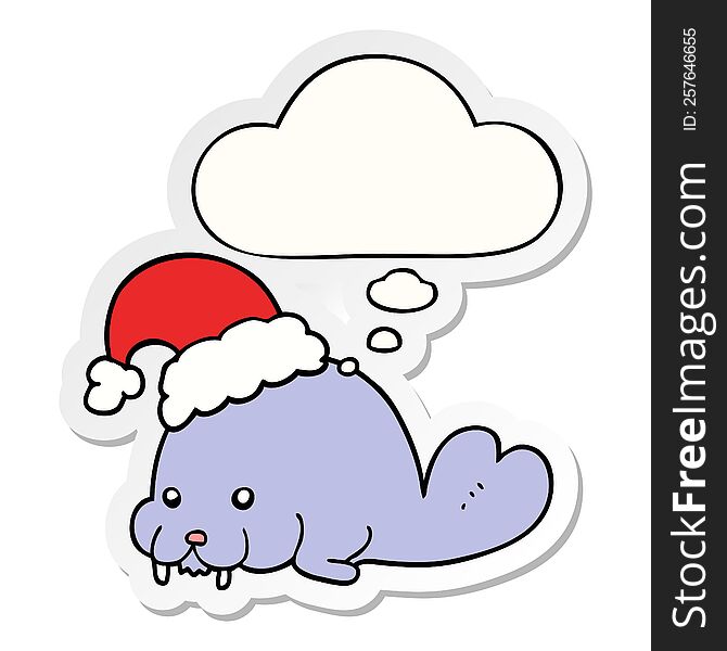 Cartoon Christmas Walrus And Thought Bubble As A Printed Sticker