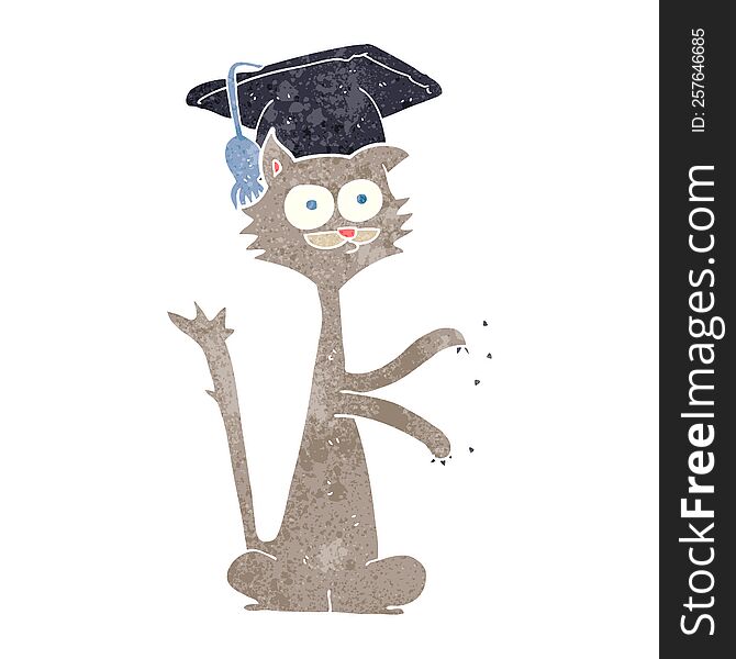 freehand retro cartoon cat scratching with graduation cap. freehand retro cartoon cat scratching with graduation cap