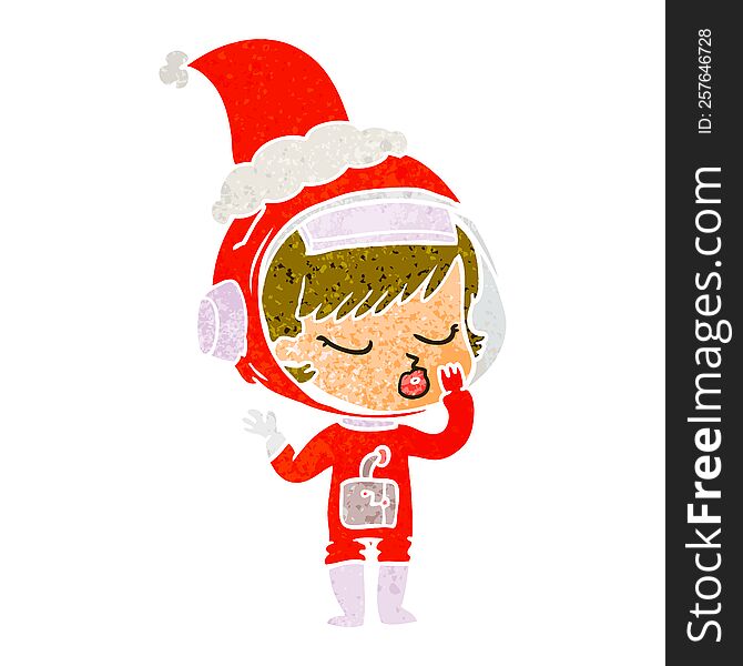 Retro Cartoon Of A Pretty Astronaut Girl Wearing Santa Hat