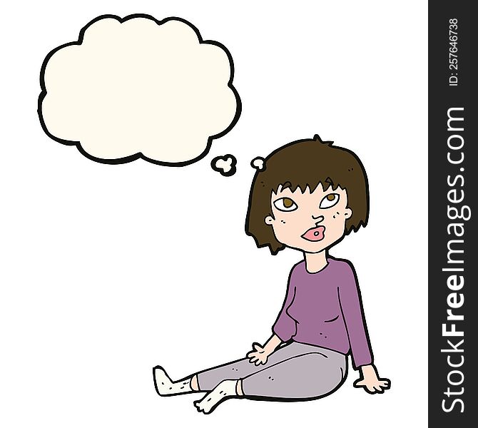 cartoon woman sitting on floor with thought bubble