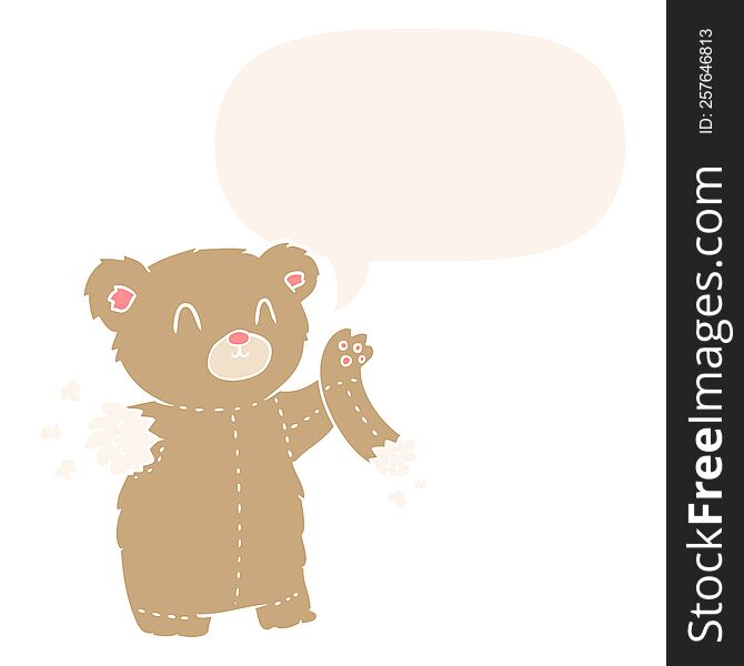 Cartoon Teddy Bear And Torn Arm And Speech Bubble In Retro Style