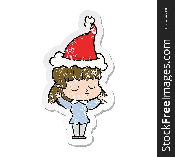 hand drawn distressed sticker cartoon of a indifferent woman wearing santa hat