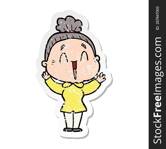 distressed sticker of a cartoon happy old lady