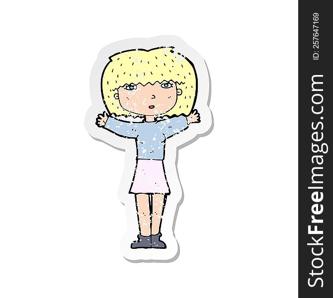 retro distressed sticker of a cartoon woman raising arms in air