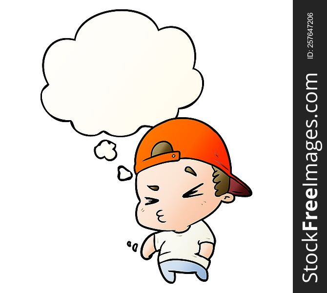 cartoon cool kid with thought bubble in smooth gradient style