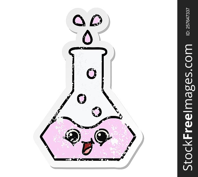 distressed sticker of a cute cartoon science beaker