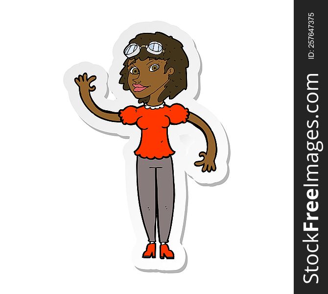 sticker of a cartoon pilot woman waving