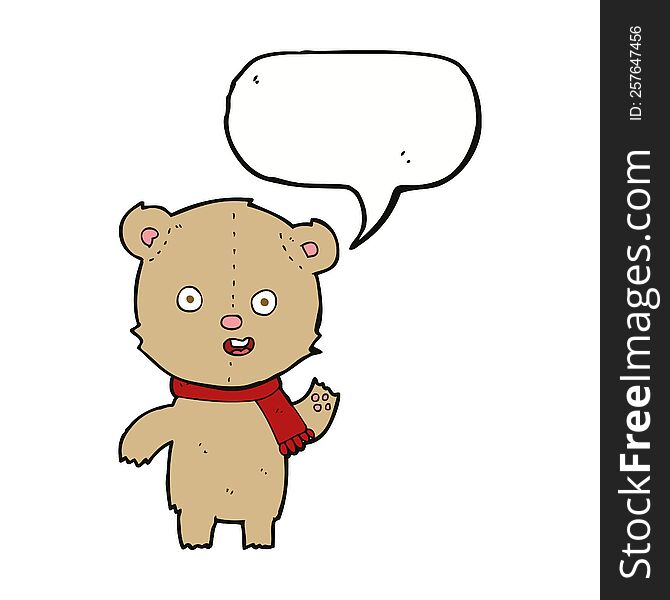 Cartoon Waving Teddy Bear With Scarf With Speech Bubble