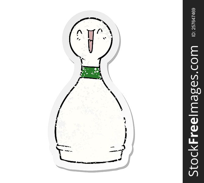 distressed sticker of a cartoon happy bowling pin