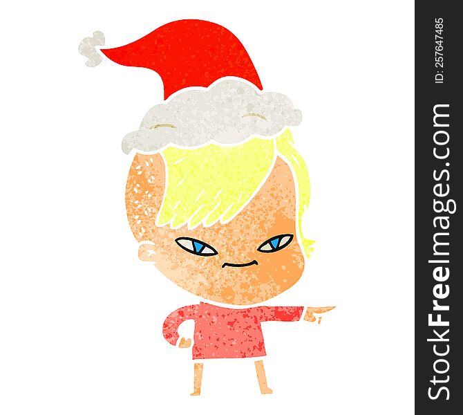 cute hand drawn retro cartoon of a girl with hipster haircut wearing santa hat