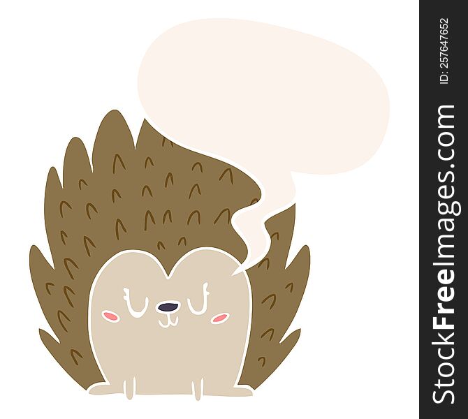 cute cartoon hedgehog with speech bubble in retro style