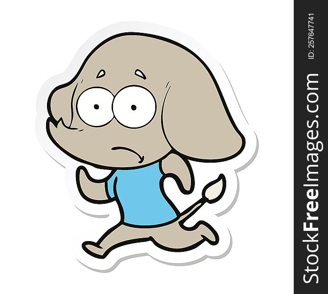 sticker of a cartoon unsure elephant running away